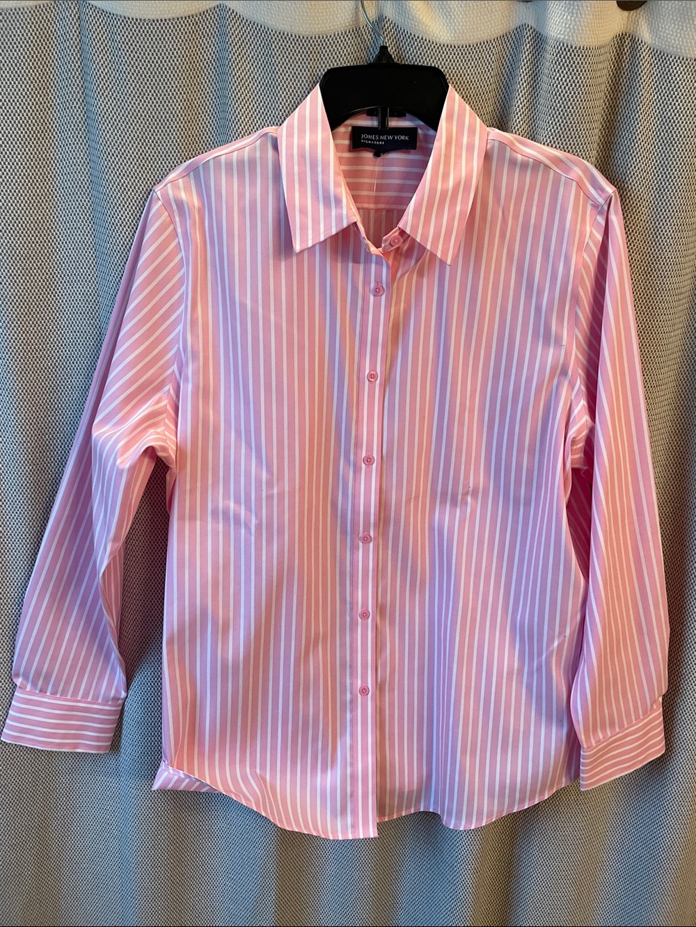 Jones New York Women’s Pink and White Vertical Stripe Dress Shirt